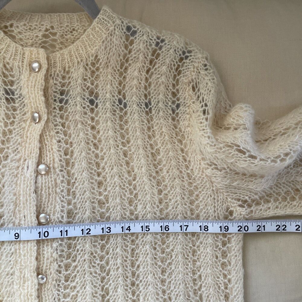 Vintage 50’s 60’s Mohair Wool Open Knit Cardigan Sweater Cream M - Picture 4 of 7